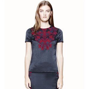 Tory Burch Womens Embroidered Floral Short Sleeve Top Size 0 Polyester Blend Nav